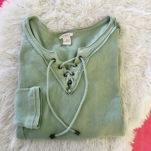Sundance Waffle Knit Lace Up Top Women's Large Green Cotton